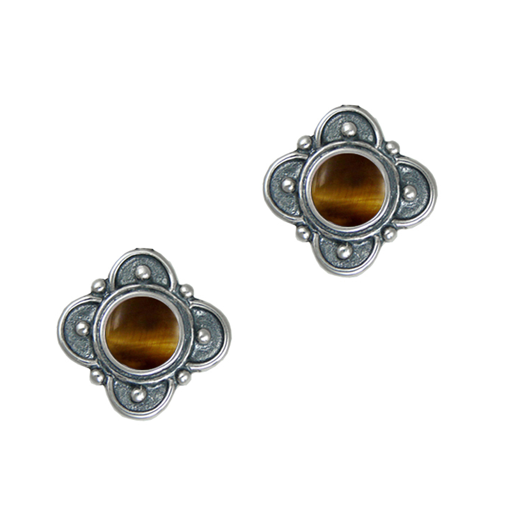 Sterling Silver Designer Post Stud Earrings With Tiger Eye